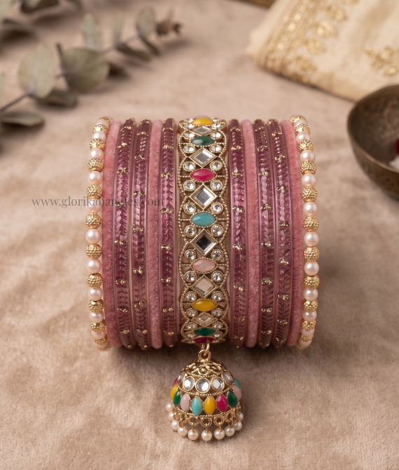 Peach Kundan Multicolor Glass Bangle Set
